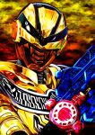  1girl 4ze_meteor absurdres armor armored_bodysuit assault_visor bilingual_commentary black_background black_bodysuit bodysuit chou_uchuu_keiji_gavan_infinity cloud cloud_background combat_helmet commentary full_armor gavan_luminous gavarion_laser gold_armor gold_helmet gold_theme gun hand_up head_tilt helmet highres holding holding_gun holding_weapon looking_at_viewer mixed-language_commentary multicolored_armor orange_armor science_fiction solo tokusatsu two-tone_armor upper_body weapon 