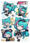  >_< 1girl :d animal_ear_fluff animal_ears black_boots black_skirt blue_hair boots breasts cat_ears cat_girl cat_hair_ornament cat_tail cellphone character_name chibi closed_eyes closed_mouth collared_shirt colored_eyelashes dotted_line dress_shirt dual_wielding grey_background grey_shorts grid_background hair_intakes hair_ornament highres holding holding_phone holding_sword holding_weapon long_sleeves medium_breasts mint_(neverness_to_everness) multicolored_hair multiple_views neverness_to_everness notice_lines outstretched_arm phone phone_with_ears pink_hair pointing puffy_long_sleeves puffy_sleeves red_eyes selfie shirt shorts skirt sleeping sleeping_upright smile sparkle streaked_hair sword tail thighhighs totatokeke underboob weapon white_shirt white_thighhighs xd zzz 