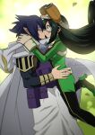  1boy 1girl absurdres amajiki_tamaki asui_tsuyu blue_hair blush bodysuit boku_no_hero_academia breasts cape closed_eyes closed_mouth effasempai from_behind goggles goggles_on_head green_bodysuit green_hair hand_on_another&#039;s_hip hand_on_another&#039;s_shoulder highres kiss kissing_cheek large_breasts long_hair pocket pointy_ears short_hair smile thighhighs very_long_hair 