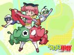  alien black_eyes black_hair blue_eyes blue_hair copyright_name giroro green_background hat helmet hinata_fuyuki hinata_natsumi hood hoodie jacket keroro keroro_gunsou nishizawa_momoka official_art official_wallpaper pants pink_hair red_eyes shirt shoes simple_background skirt socks tail yoshizaki_mine 