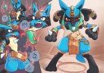  3_fingers absurd_res anthro black_body black_pupils blue_ears blue_tail bottomwear canid canine clothed clothing cross-popping_vein fangs fingers hi_res holowear_(pok&eacute;mon) loincloth lucario mammal midriff nintendo open_mouth pok&eacute;mon pok&eacute;mon_(species) pok&eacute;mon_unite pupils question_mark red_eyes ruins_style_lucario speech_bubble standing teeth video_games zumi 