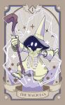  1boy alpaca_carlesi card_(medium) commentary english_commentary final_fantasy final_fantasy_ix gloves glowing glowing_eyes hat highres holding holding_staff mage_staff solo staff tarot tarot_(medium) the_magician_(tarot) trance_vivi_ornitier vivi_ornitier wizard_hat 