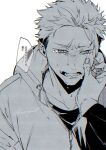  1boy aoi_(aoi68) commentary_request crying fingernails greyscale hood hood_down hooded_jacket itadori_yuji jacket jujutsu_kaisen jujutsu_kaisen_modulo male_focus monochrome open_mouth pov pov_hands scar scar_on_face scar_on_forehead scar_on_mouth shirt short_hair simple_background solo speech_bubble tears translation_request twitter_username white_background wiping_tears zipper 