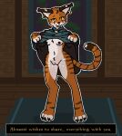 2026 :3 ahnassi aliasing anthro areola belly bethesda_game_studios big_ears blue_clothing blue_robe blush blush_lines bodily_fluids breasts brown_areola brown_ears brown_markings brown_nipples brown_nose cat_smile cheek_tuft chest_tuft claws clothed clothing countershade_face countershade_torso countershading crotch_tuft detailed_background dialogue dialogue_box digital_media_(artwork) digitigrade dipstick_tail dripping dripping_vulva ear_markings ear_piercing ear_ring ear_tuft english_text eyebrows eyelashes facial_tuft felid female floor front_view fur genital_fluids genitals gold_ear_ring head_tuft hi_res hip_tuft inside jewelry khajiit leaking_pussy_juice long_tail looking_at_viewer mammal markings microsoft morrowind multicolored_clothing multicolored_robe musk musk_cloud navel nipples no_underwear orange_body orange_fur paws pendant piercing pink_vulva pixel_vibri presenting presenting_breasts presenting_vulva raised_arms raised_tail ring_piercing robe robe_lift robe_only rug shaded small_breasts solo spots spotted_face spotted_markings standing striped_body striped_fur striped_legs striped_markings striped_tail stripes tail tail_markings tapestry text the_elder_scrolls torso_markings tuft user_interface vaginal_fluid_drip vaginal_fluids vulva wall_(structure) white_belly white_breasts white_cheeks white_chest white_inner_ear white_markings white_paws white_snout white_tail_tip white_thighs wide_hips wood wood_floor wood_wall yellow_sclera