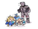  >_< 1boy 2girls blonde_hair blue_hair chibi coat commentary diana_(pragmata) fighting grabbing_another's_hair helmet highres holding_another's_hair hololive hololive_indonesia hugh_williams keenbiscuit kobo_kanaeru kobo_kanaeru_(1st_costume) multicolored_hair multiple_girls navel padded_coat pragmata space_helmet spacesuit streaked_hair virtual_youtuber white_hair 