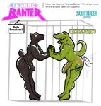 anthro black_body blush butt butt_slap cage clothed clothing duo embarrassed english_text genitals green_body hand_holding hi_res lizard male male/male mammal money murid murine nil_(techno_banter) penis rat reptile rodent scalie scottdeer slap smile spank_marks spank_marks_on_ass spanked_butt spanking standing tail techno_banter text thong thong_down thong_only thong_straps topless underwear underwear_only