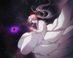  1boy black_hole black_ribbon blood blood_halo closed_eyes commentary_request floating_clothes floating_hair galaxy hair_ribbon halo hello_charlotte highres janehc126 korean_commentary liquid_halo long_hair neck_armor no_mouth pointing ponytail red_halo ribbon robe sidelocks space star_(sky) very_long_hair very_long_robe vincent_wordsworth white_robe 