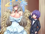  1boy 1girl angel angel_wings bare_shoulders blue_eyes blurry blurry_background blush breasts brown_hair cleavage commission crossed_arms dress elbow_gloves formal frilled_dress frills gloves halo height_difference highres long_hair luka_(mon-musu_quest!) mon-musu_quest! multiple_wings purple_eyes raichi_(ddq0246) seraph_eden skeb_commission suit sweatdrop wedding wedding_dress white_dress wings 