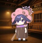  1girl ai-generated_art_(topic) animal_ears baseball_bat blue_archive closed_mouth donmin_h dress frown full_body halo highres holding holding_baseball_bat italian_brainrot_ai_animals_(meme) lop_rabbit_ears meme purple_dress purple_eyes purple_halo rabbit_ears rabbit_girl solo standing tree_costume tsukuyo_(blue_archive) tung_tung_tung_sahur 