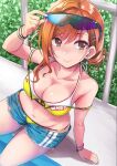  1girl ahoge arisugawa_natsuha bangs bare_shoulders bikini bikini_shorts black_eyes bracelet breasts cleavage commentary_request earrings eyewear_on_head idolmaster idolmaster_shiny_colors jewelry large_breasts long_hair looking_at_viewer looking_up navel orange_hair pool shiroyukimajima shorts sitting solo sunglasses swept_bangs swimsuit thighs 