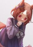  1girl animal_ears blush bow bowtie breasts brown_hair commentary_request covering_own_mouth flower_in_eye highres horse_ears horse_girl horse_tail long_sleeves looking_at_viewer pink_eyes pleated_skirt purple_eyes purple_sailor_collar purple_serafuku purple_shirt purple_skirt sailor_collar sailor_shirt sakura_laurel_(umamusume) school_uniform serafuku shirt short_hair simple_background skirt solo symbol_in_eye tail tracen_school_uniform umamusume white_bow white_bowtie wooqa 