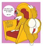  anthro atticus_(infinity_train) balls big_butt butt canid canine canis chair crown dialogue digital_media_(artwork) domestic_dog eljelicsnsfw english_text fur furniture genitals herding_dog infinity_train looking_back male mammal nude open_mouth pastoral_dog penis presenting presenting_hindquarters raised_tail solo text thick_thighs throne welsh_corgi 