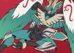  armor bandai_namco blush claws digimon digimon_(species) digimon_liberator erection feathers feet genitals green_body green_feathers half-closed_eyes hand_on_own_penis hand_on_penis horn leaning leaning_backward looking_at_viewer male mask mechanical_penis metal_penis narrowed_eyes penis purple_eyes red_background riflesniper robot_anthro simple_background sitting small_waist solo spread_legs spreading talons toes wings zephagamon 