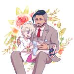  2boys beard bede_(pokemon) closed_mouth earrings facial_hair feet_out_of_frame flower green_eyes grey_jacket grey_pants hatenna jacket jewelry long_sleeves male_focus multiple_boys mustache necktie pants pink_shorts pokemon pokemon_sword_and_shield red_necktie rose rose_(pokemon) shirt short_hair shorts shuckle sitting tan undercut white_hair white_shirt youhe_hino 