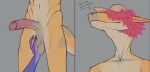 2025 anthro athletic athletic_male ball_fondling balls bodily_fluids brown_balls brown_penis bullchicken claws clothing colored covered_eyes darkened_balls darkened_genitalia darkened_penis dragon dripping duo erection fondling fur furred_dragon furred_scalie genital_fluids genitals glans hair hat headgear headwear hi_res long_ears male multicolored_penis mythological_creature mythological_scalie mythology navel nude offscreen_ambiguous offscreen_character penis precum precum_drip red_body red_fur red_glans red_hair saggy_balls scalie simple_background snout speech_bubble tail throbbing throbbing_penis two_tone_penis urethra vein veiny_penis yellow_body