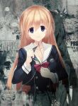  1girl bow breasts chaos;child chest_bow cleavage dress dress_vest english_text game_asset hair_between_eyes hair_ribbon hekiho_academy_school_uniform jacket kurusu_nono long_hair long_sleeves looking_at_viewer medium_breasts official_art onoe_serika orange_hair purple_eyes ribbon sasaki_mutsumi school_emblem school_uniform science_adventure shiny_eyes shirt smile sumo_sticker_(chaos;child) 