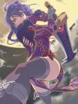  1girl arm_guards big_hair black_thighhighs breasts chiharu_(9654784) china_dress chinese_clothes closed_mouth cloud commentary_request double-parted_bangs dress eiyuu_densetsu fishnet_cutout floating_clothes floating_hair floating_ribbon full_moon gauntlets hair_between_eyes hair_ribbon hair_rings hajimari_no_kiseki highres holding holding_sword holding_weapon huge_weapon large_breasts looking_at_viewer medium_hair moon night outdoors purple_eyes purple_hair ribbon rixia_mao side_slit single_gauntlet solo swinging_weapon sword thighhighs upper_body weapon white_ribbon 