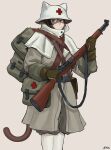  19vodnik 1girl absurdres animal_ears backpack bag cat_ears cat_girl cat_tail coat cross first_aid_kit gloves gun helmet highres holding holding_weapon m1_garand medic original pouch red_cross rifle solo tail trigger_discipline weapon 