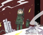  2girls ahoge ashes black_gloves black_hair blonde_hair blue_eyes brodie_helmet brown_footwear chito_(shoujo_shuumatsu_ryokou) coat cross embers fire gloves green_coat green_pants gun half-track helmet industrial_pipe kettenkrad kokorori-p long_hair looking_ahead messy_hair military military_helmet military_uniform multiple_girls pants red_cross rifle_on_back sad shoujo_shuumatsu_ryokou smoke stahlhelm tareme uniform weapon yuuri_(shoujo_shuumatsu_ryokou) 