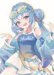  1girl blue_eyes blue_hair chabo_(x_xhauntedx_x) commentary_request eyewear_on_head hair_bun highres hololive hololive_indonesia kobo_kanaeru long_hair multicolored_hair open_mouth smile virtual_youtuber white_hair 