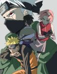  1girl 3boys black_gloves black_hair blonde_hair blue_eyes gloves green_eyes grey_background haruno_sakura hatake_kakashi highres konohagakure_symbol multiple_boys naruto_(series) naruto_shippuuden ninja pink_hair pnpk_1013 scar scar_across_eye sharingan simple_background uchiha_sasuke uzumaki_naruto white_hair 