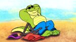  2022 absurd_res alligator alligatorid anthro belly bottomwear brok_(character) brok_the_investigator clothing crocodilian eyewear green_body hi_res male outside overweight overweight_male pants reptile scalie sitting solo sunglasses unknown_artist video_games 