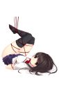  1girl :< arms_behind_back ass bdsm black_hair black_thighhighs blue_skirt blush bondage bound bound_ankles bound_arms bound_legs bow bowtie breasts brown_eyes closed_mouth clothes_lift collared_shirt commentary covered_nipples dress_shirt expressionless from_side full_body kazahana_(sakusama721) legs_up light_blush long_hair looking_at_viewer looking_back looking_to_the_side loose_hair_strand loose_thighhigh lying making-of_available medium_breasts no_shoes on_back original panties pantyshot pleated_skirt red_bow red_bowtie ribbon ribbon_bondage school_uniform shibari shibari_over_clothes shirt short_sleeves simple_background skirt skirt_lift solo suspension thighhighs thighhighs_pull underwear white_background white_panties white_shirt 
