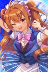  1girl ahoge blue_sky bow bowtie breasts brown_hair cheering cloud commentary dated_commentary double-parted_bangs dress eiyuu_densetsu estelle_bright hair_between_eyes hair_intakes highres long_hair looking_at_viewer maid_headdress medium_breasts one_eye_closed open_mouth pink_bow pink_bowtie puffy_short_sleeves puffy_sleeves red_eyes short_sleeves sky smile solo sora_no_kiseki teeth traditional_bowtie twintails untranslatable_commentary upper_body upper_teeth_only vest waistcoat waitress white_wrist_cuffs wrist_cuffs zer00han 