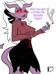  absurd_res breasts cigarette demon dialogue fangs female hair helluva_boss hi_res horn humanoid mrs.mayberry_(helluva_boss) open_mouth purple_body red_eyes simple_background smoke solo teeth therealedgerftw tongue white_hair 