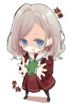  1girl 6th_live_dream_~bloom_garden_party~ aqua_neckerchief black_pantyhose black_shoes blue_eyes blush_stickers brown_dress ceras_yanagida_lilienfeld chibi chibi_only commentary_request dress fukuoka_prefecture grey_hair hair_ribbon hasu_no_sora_school_uniform highres link!_like!_love_live! long_hair long_sleeves looking_at_viewer love_live! mary_janes medium_dress mendo_(mend0o0) neckerchief object_floating_above_hand pantyhose pink_ribbon pleated_dress ribbon sailor_collar sailor_dress school_uniform shaded_face shoes solo translation_request virtual_youtuber white_sailor_collar winter_uniform 
