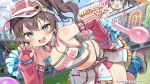  1girl :d ahoge aqua_eyes ayaoshiro breasts brown_hair commentary_request confetti copyright_notice day detached_sleeves frilled_skirt frills hair_between_eyes hand_on_own_hip highres holding holding_pom_poms hololive hololive_dreams leaning_forward looking_at_viewer midriff miniskirt_pirates natsuiro_matsuri navel official_alternate_costume official_art open_mouth outdoors pink_sleeves pleated_skirt pom_pom_(cheerleading) second-party_source side_ponytail skirt small_breasts smile stadium teeth upper_teeth_only virtual_youtuber visor_cap white_skirt 