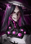  1girl absurdres artificial_eye colored_inner_hair commentary cracked_face cyborg egovista_(nikke) evil_smile goddess_of_victory:_nikke grey_hair hat highres jingasa kkaijju long_hair multicolored_hair purple_eyes purple_hair purple_streaks smile solo streaked_hair teeth two-tone_hair upper_body 