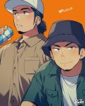  2boys brown_eyes bucket_hat drinking ear_piercing earrings eyebrow_piercing facial_hair hat highres industrial_piercing jewelry kiri_futoshi looking_at_viewer looking_away male_focus multiple_boys necklace open_clothes open_shirt original piercing ponytail smile stud_earrings tan twitter_username undershirt 