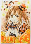  1girl bib_collar black_hat black_shirt brown_hair closed_mouth commentary flower frilled_wrist_cuffs frilled_wristband frills halloween hands_on_own_face hat hat_flower head_rest jack-o'-lantern long_hair looking_at_viewer mini_hat mini_top_hat morisawa_kyouko orange_eyes orange_hat orange_ribbon orange_shirt original painting_(medium) pennant pumpkin ribbon shirt smile solo star_(symbol) string_of_flags tilted_headwear top_hat traditional_media two-tone_hat two-tone_shirt upper_body vertical-striped_sleeves watercolor_(medium) wrist_cuffs yellow_flower 