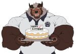 absurd_res anthro arm_tuft bear bear_ears beard biceps big_hands big_muscles birthday birthday_cake black_nose broad_shoulders brown_body brown_fur cake chimera claws clothed clothing collared_shirt dessert dragon eyebrows eyes_closed facial_hair fangs felid fingers food footprint front_view fur grey_mane happy happy_birthday heart_symbol hi_res holding_cake holding_food holding_object horn huge_muscles hybrid lion male mammal mane muscular muscular_anthro muscular_male mythological_creature mythological_scalie mythology pantherine pawprint polo_shirt scalie shirt simple_background smile snout solo standing teeth text topwear tuft upper_body xan_the_chimera xyandrith