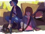  2girls beanie blue_eyes blue_hair brown_hair chloe_price fl_(l-fl) gun hat jacket jewelry junkyard life_is_strange looking_at_another looking_away max_caulfield multiple_girls necklace open_clothes shirt short_hair smile weapon 