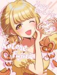  1girl blonde_hair blush braid character_name collarbone commentary_request fang fingernails four-finger_heart_hands fujita_kotone gakuen_idolmaster hair_ornament happy_birthday heart heart_hands highres idolmaster jiko_koutei_kan_baku_age_shuki_shuki_song_(idolmaster) looking_at_viewer one_eye_closed open_mouth puffy_short_sleeves puffy_sleeves short_sleeves smile solo uchihara yellow_eyes 