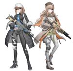  2girls absurdres baseball_cap black_gloves black_jacket black_leggings black_shoes blonde_hair blue_eyes blue_gloves boots breasts brown_coat brown_hat cheogtanbyeong closed_mouth coat collared_shirt commentary_request commission crop_top fn_mk_20_ssr fn_scar_16 full_body girls'_frontline gloves green_skirt gun hat highres holding holding_gun holding_weapon jacket knee_pads korean_commentary leggings long_hair long_sleeves looking_at_viewer medium_breasts medium_hair multiple_girls neck_ribbon open_clothes open_jacket ponytail ribbon rifle scar-h_(girls'_frontline) scar-l_(girls'_frontline) scarf scope shirt shoes simple_background single_knee_pad skirt wavy_hair weapon white_background white_hat white_leggings white_shirt 