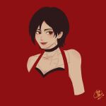  1girl ada_wong aegyo_sal black_hair blending bob_cut breasts brown_eyes cleavage commentary dress english_commentary halter_dress halterneck looking_to_the_side red_dress resident_evil resident_evil_2 short_hair smile solo upper_body yumeoi_1 