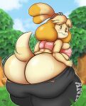  absurd_res animal_crossing anthro big_breasts big_butt blonde_hair blush bodily_fluids bottomwear bottomwear_pull breasts buckteeth butt canid canine canis clothing clothing_pull dipstick_tail domestic_dog female hair hi_res huge_butt huge_hips huge_thighs isabelle_(animal_crossing) looking_at_viewer looking_back mammal markings mrxrickyx nintendo pants pants_pull shih_tzu shirt solo sweat sweatpants tail_markings teeth thick_thighs topwear torn_bottomwear torn_clothing torn_pants toy_dog video_games wardrobe_malfunction wide_hips 
