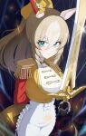  1girl absurdres animal_ears arm_behind_back asymmetrical_jacket black_gloves blonde_hair blue_eyes bodysuit breasts closed_mouth durandal_(chevalier_fidele)_(umamusume) durandal_(umamusume) ear_covers epaulettes fourragere frilled_bodysuit frown gloves gold_embroidery hair_between_eyes highres hitempo holding holding_sword holding_weapon horse_ears horse_girl horse_tail large_breasts long_hair looking_at_viewer multicolored_hair single_ear_cover solo sword tail two-tone_hair umamusume weapon white_bodysuit white_hair 