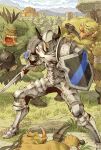  armor bandaged_arm bandages blonde_hair breastplate colored_skin dragon&#039;s_crown fake_horns fighter_(dragon&#039;s_crown) fighting_stance full_body grass green_skin hair_between_eyes helmet highres holding holding_pickaxe holding_shield holding_sword holding_weapon horned_helmet horns looking_to_the_side lower_teeth mace male_focus metal_boots mountain open_mouth orc outdoors pavement pickaxe plate_armor shield shinichi_kobe shoulder_armor sword teeth tongue tongue_out tree upper_teeth weapon 