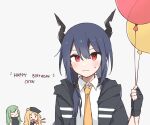  &gt;_o 3girls :d animal_ears arknights balloon beret black_gloves black_headwear black_jacket blue_hair blush ch&#039;en_(arknights) closed_eyes collared_shirt dragon_horns fingerless_gloves gloves green_hair hair_between_eyes hand_up hat holding holding_balloon horns hoshiguma_(arknights) jacket long_hair looking_at_viewer low_twintails multiple_girls nano_mochi necktie one_eye_closed oni_horns open_clothes open_jacket open_mouth orange_hair party_popper red_eyes shirt simple_background single_horn skin-covered_horns smile solo_focus straight-on sweatdrop swire_(arknights) tiger_ears tiger_girl twintails u_u upper_body white_background white_shirt yellow_necktie 