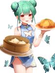  1girl :d absurdres bamboo_steamer bangs baozi blue_dress blush bug butterfly china_dress chinese_clothes cleavage_cutout clothing_cutout cowboy_shot double_bun dress earrings food green_butterfly green_hair hair_bun highres holding holding_plate hololive jewelry looking_at_viewer panty_straps pepushi_drow plate red_eyes short_hair simple_background skull_earrings sleeveless sleeveless_dress smile solo standing uruha_rushia virtual_youtuber white_background 