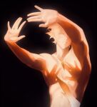  06binrays 1boy \||/ arms_up bishounen black_background collarbone commentary double_\||/ hair_between_eyes hand_shadow_covering_breasts_(meme) highres honkai:_star_rail honkai_(series) looking_to_the_side male_focus meme nude outstretched_arm parted_bangs parted_lips pectorals phainon_(honkai:_star_rail) photo-referenced sideways_glance simple_background solo toned toned_male white_hair 
