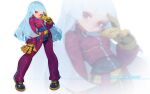 1girl bangs belt blue_hair bodysuit breasts chaps cropped_jacket expressionless fl_(l-fl) gloves highres jacket kula_diamond long_hair looking_at_viewer medium_breasts red_eyes simple_background solo the_king_of_fighters zipper 