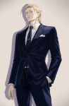  1boy alternate_costume alternate_hairstyle badeni belt black_belt black_necktie black_pants black_suit blonde_hair blue_eyes chi.:_chikyuu_no_undou_ni_tsuite closed_mouth commentary_request contemporary dress_shirt hand_in_pocket highres jacket male_focus medium_hair necktie pants scar scar_on_face scar_on_mouth scar_on_nose shirt solo suit suit_jacket white_shirt yodaka_orb 