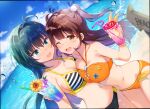  2girls bangs beach bikini brown_hair highres idoly_pride komiyama_ai long_hair looking_at_viewer marine_day multiple_girls open_mouth outdoors qp:flapper smile suzumura_yuu swimsuit twintails 