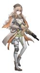  1girl absurdres blonde_hair blue_eyes boots breasts brown_coat brown_gloves brown_hat cheogtanbyeong closed_mouth coat collared_shirt commentary_request commission fn_scar_16 full_body girls'_frontline gloves green_skirt gun hat highres holding holding_gun holding_weapon knee_pads korean_commentary leggings long_hair looking_at_viewer medium_breasts neck_ribbon ribbon scar-l_(girls'_frontline) scarf shirt simple_background single_knee_pad skirt wavy_hair weapon white_background white_leggings white_shirt 