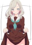  1girl absurdres aqua_neckerchief blue_eyes breasts brown_dress ceras_yanagida_lilienfeld clothes_lift commentary_request dress dress_lift grey_hair hair_ribbon hasu_no_sora_school_uniform highres large_breasts link!_like!_love_live! long_hair long_sleeves looking_at_viewer love_live! neckerchief pink_ribbon ribbon sailor_collar school_uniform smile solo virtual_youtuber white_background white_sailor_collar winter_uniform zanpon 